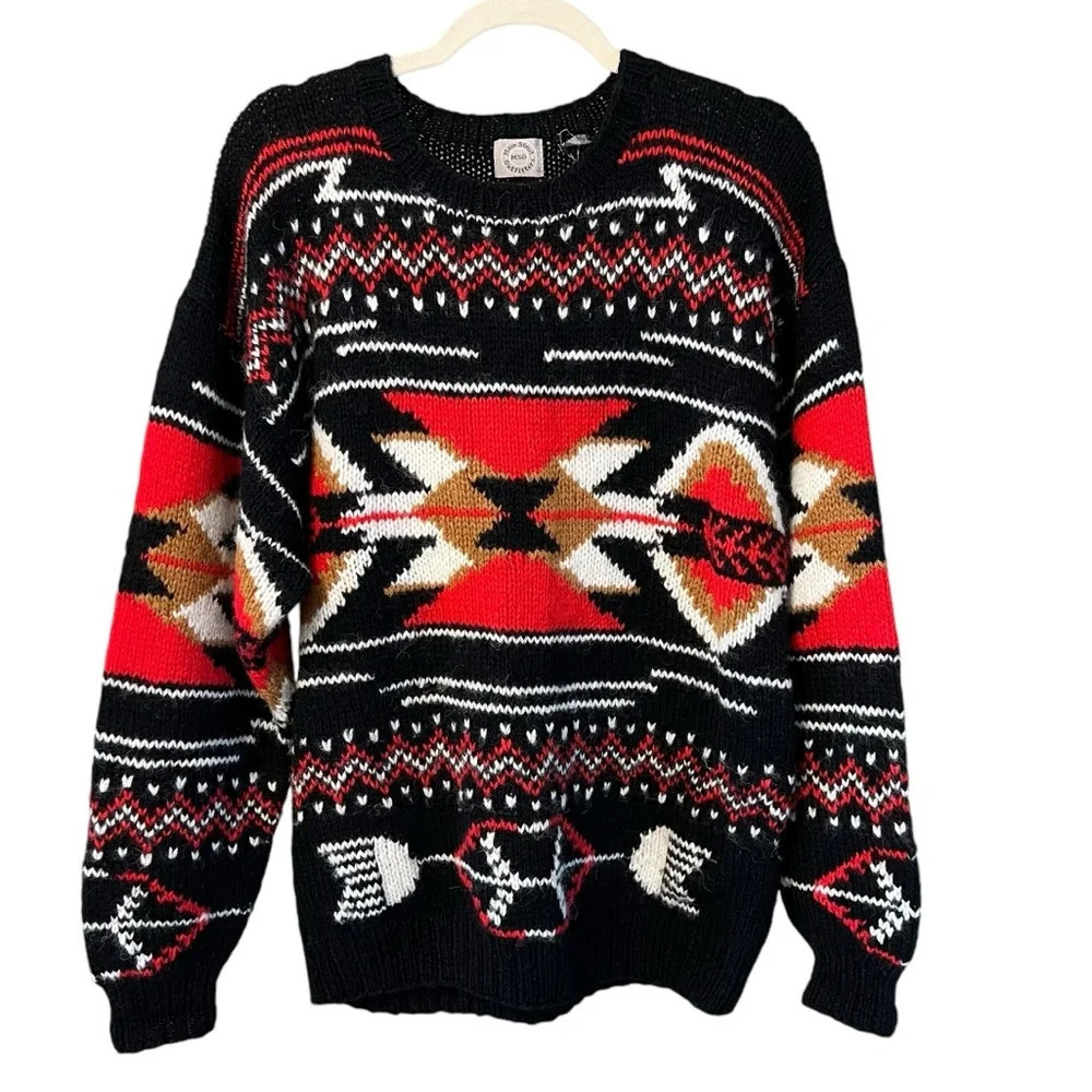 Vintage Main Street Outfitters Southwestern Shetland Wool Sweater Black Red VTG